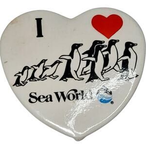 Vtg Sea World Heart Shaped Pin Back Button 1987 I Heart Emperor Penguins 2"